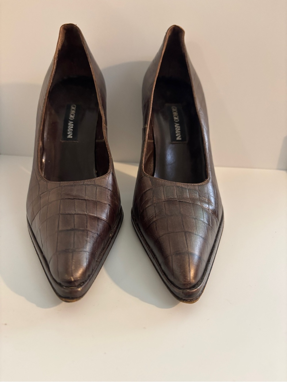 Giorgio Armani Dark Brown Croc-Embossed Pointed Pumps